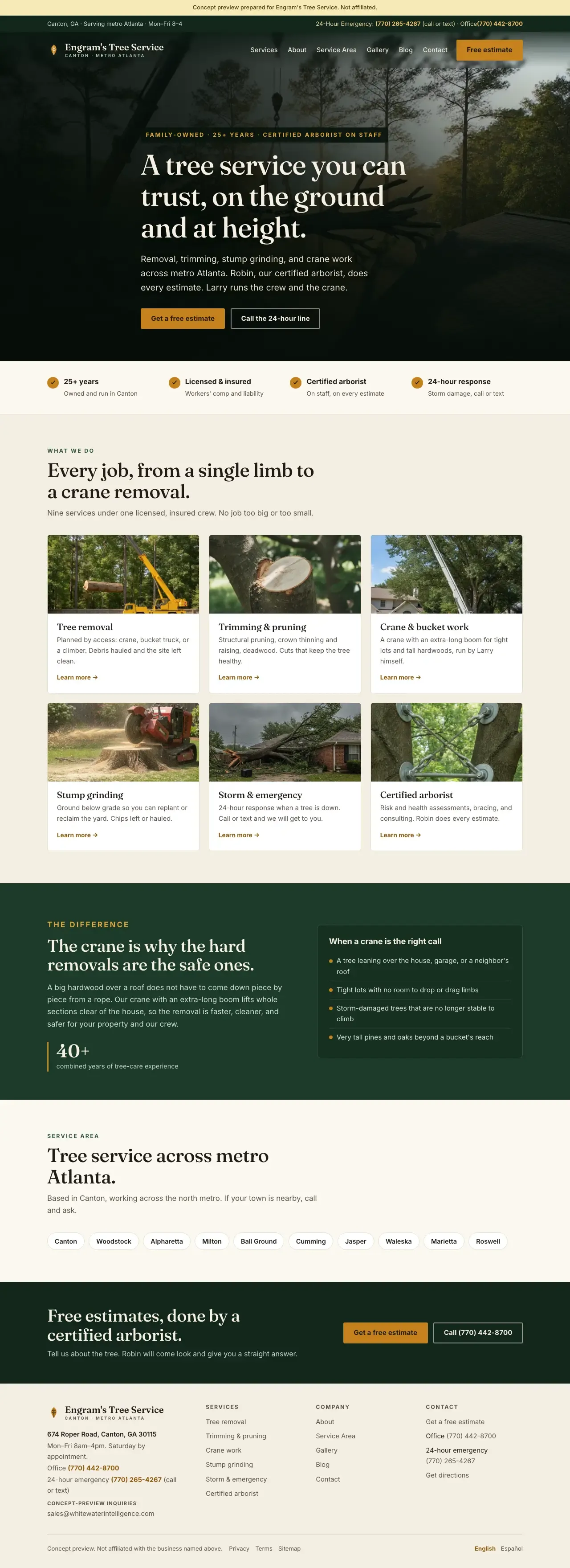 The Dawn Crane home page, built and live: a dawn crane-lift hero, an amber-check trust band, and photo service cards.